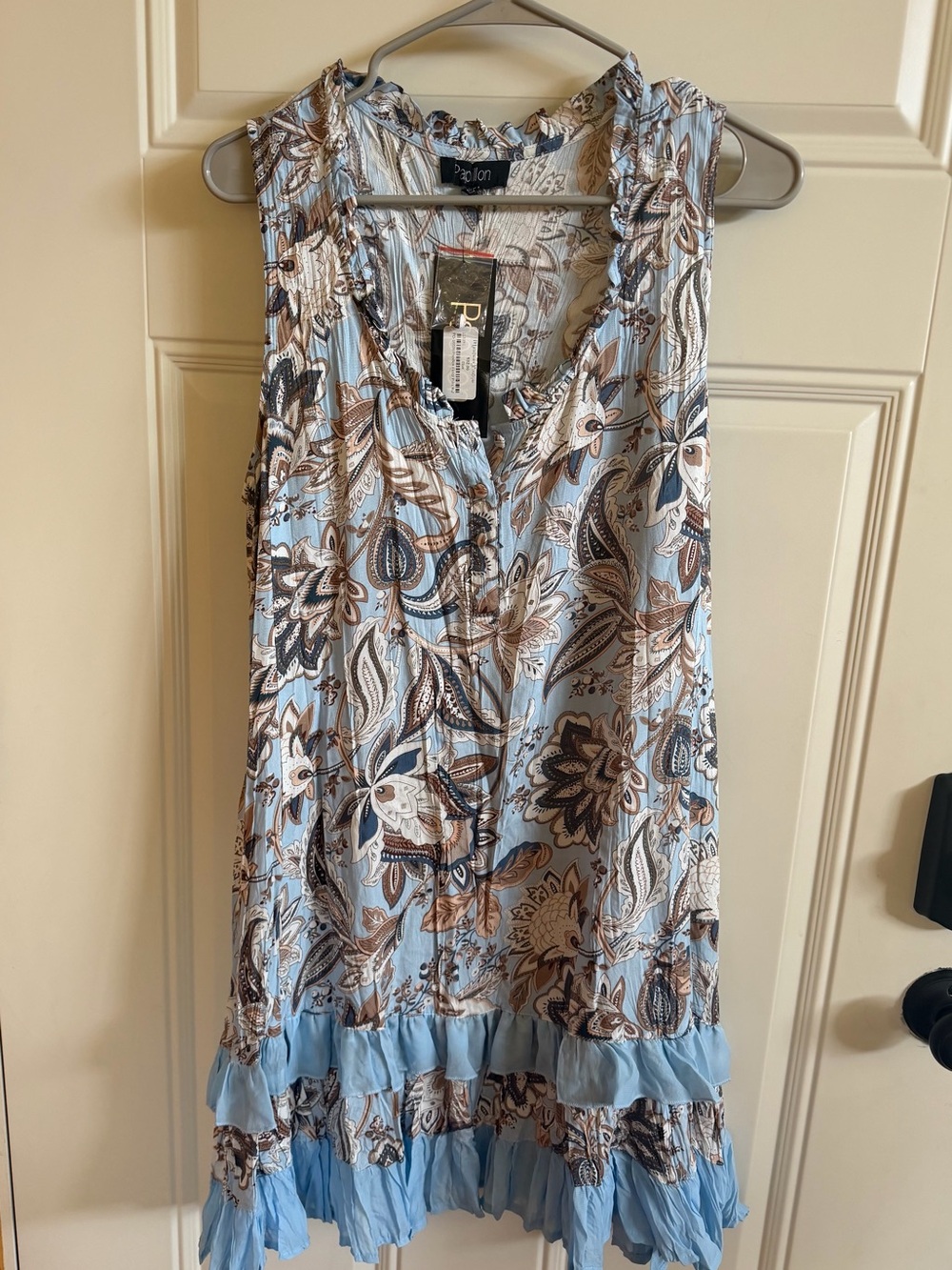 NWT Papillon Sleeveless Floral Ruffle-Hem Dress in Light Blue, Size L